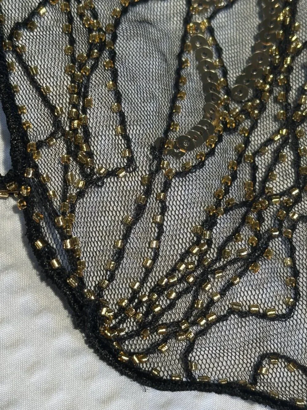 Black Mesh Gold Sequin Beaded Capelet Shawl Art Deco Gatsby Wedding Coverup